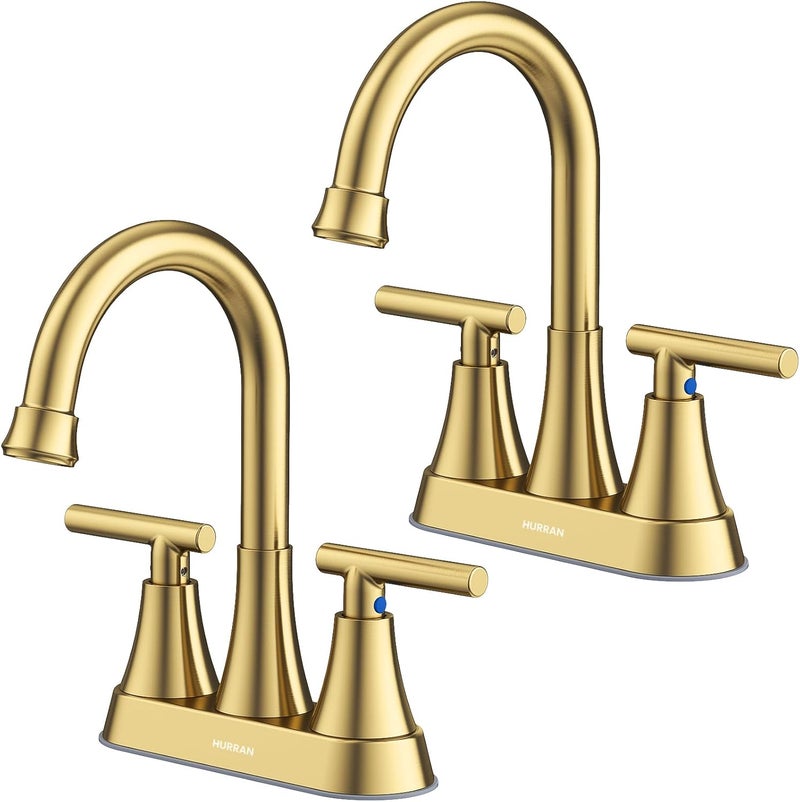 Hurran Bathroom Faucets for Sink 3 Hole, 4 inch Brushed Gold Bathroom Sink Faucet with Pop-up Drain and Supply Hoses, Stainless Steel Lead-Free Centerset Faucet for Vanity RV, 2 Pack - Image 1